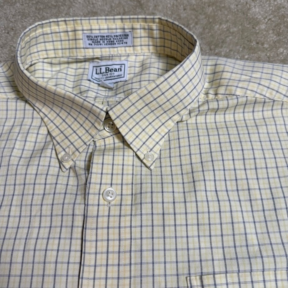 L.L.Bean Mens Shirt 18 33 Yellow Tattersall Plaid Button Down Single needle